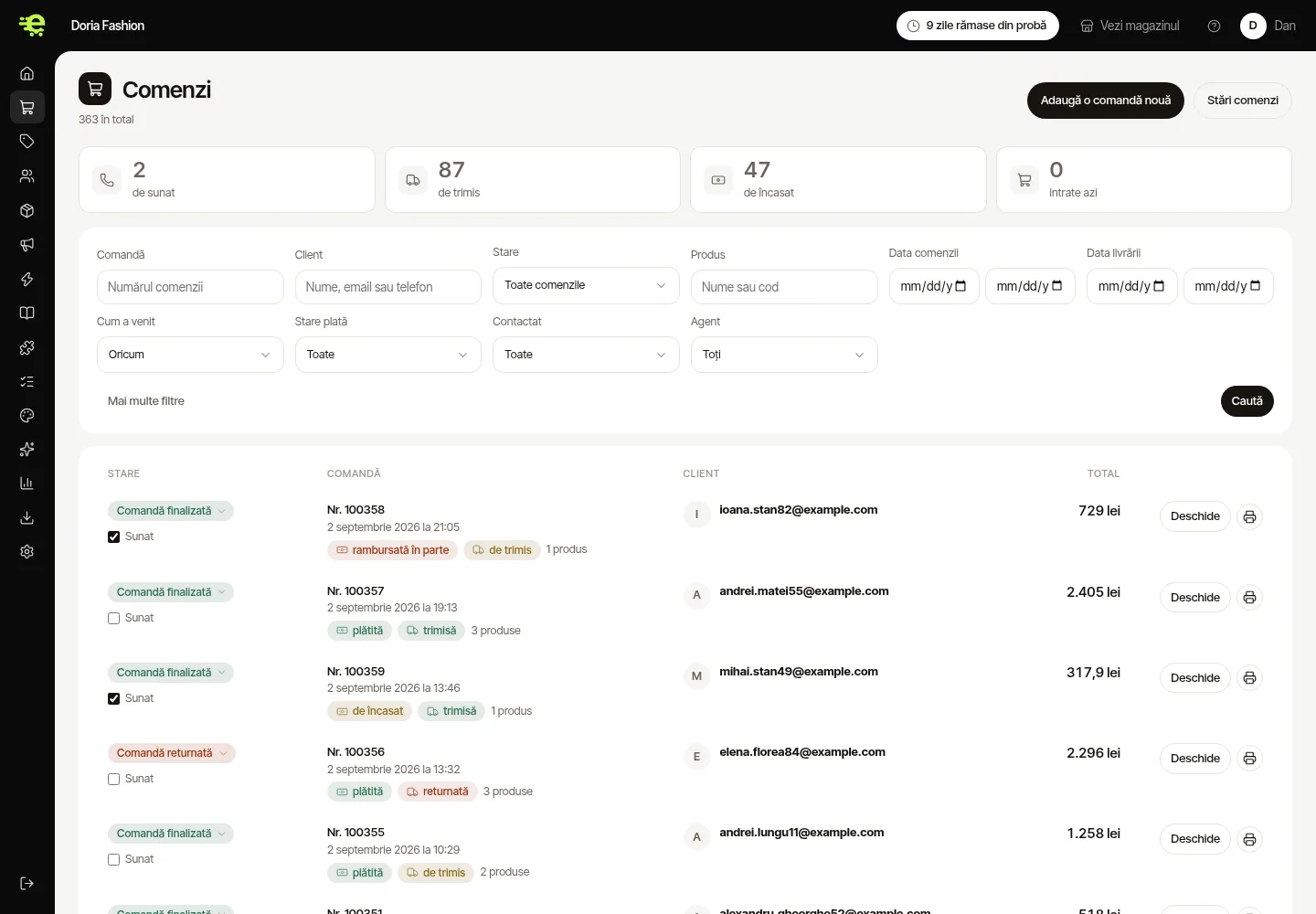 Lista de comenzi din panoul EfiMag